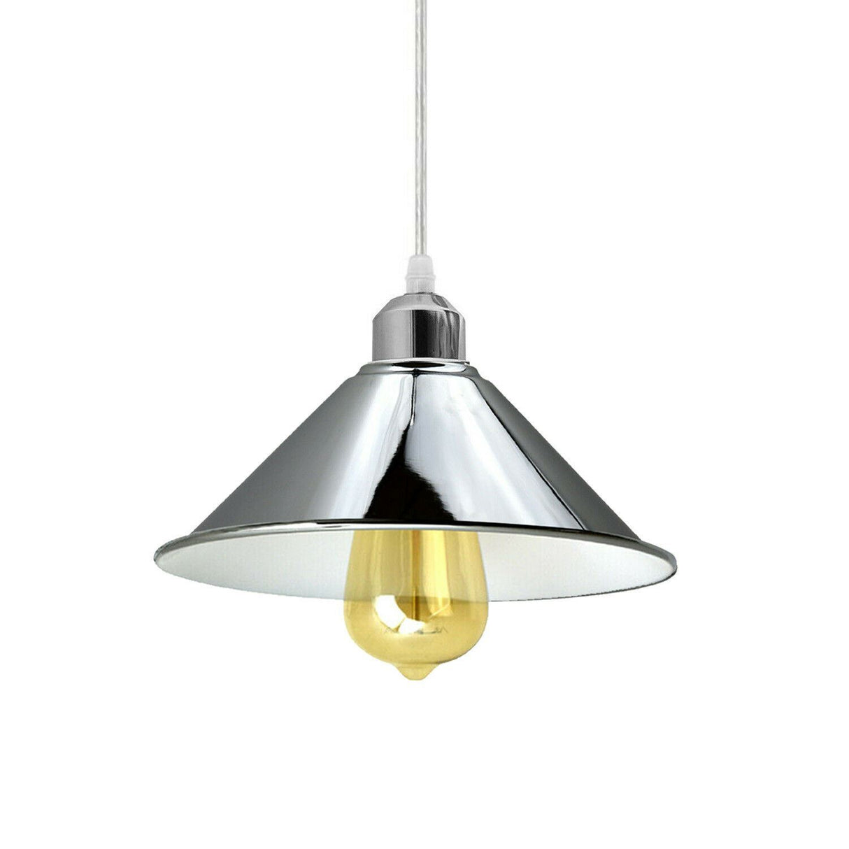 Chrome pendant light with a gold bulb on a white background