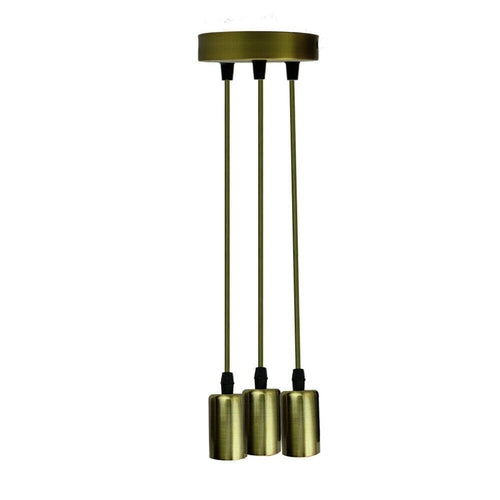 Brass pendant light fixture with three cylindrical shades on a white background
