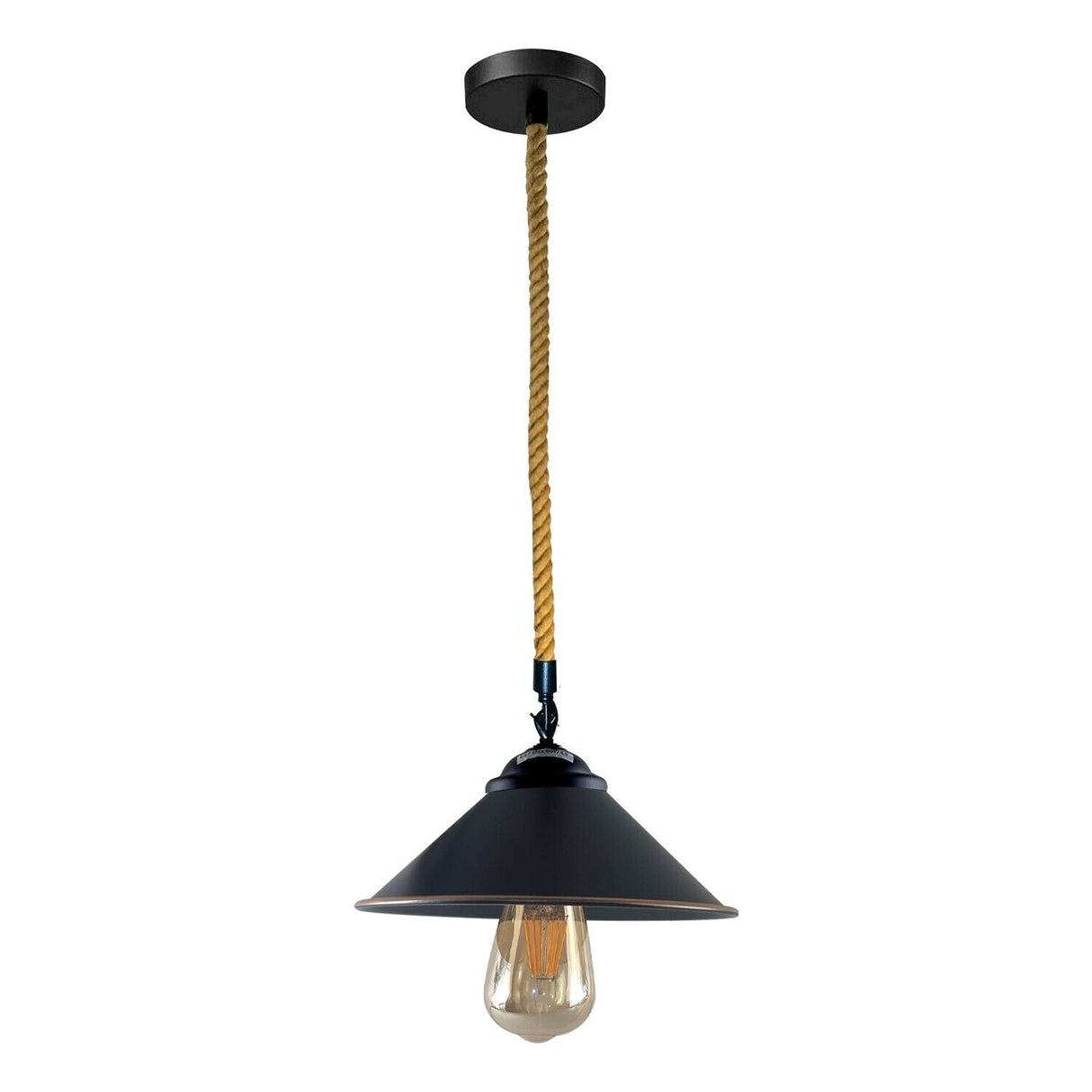 Black pendant light with a hemp rope cord on a white background
