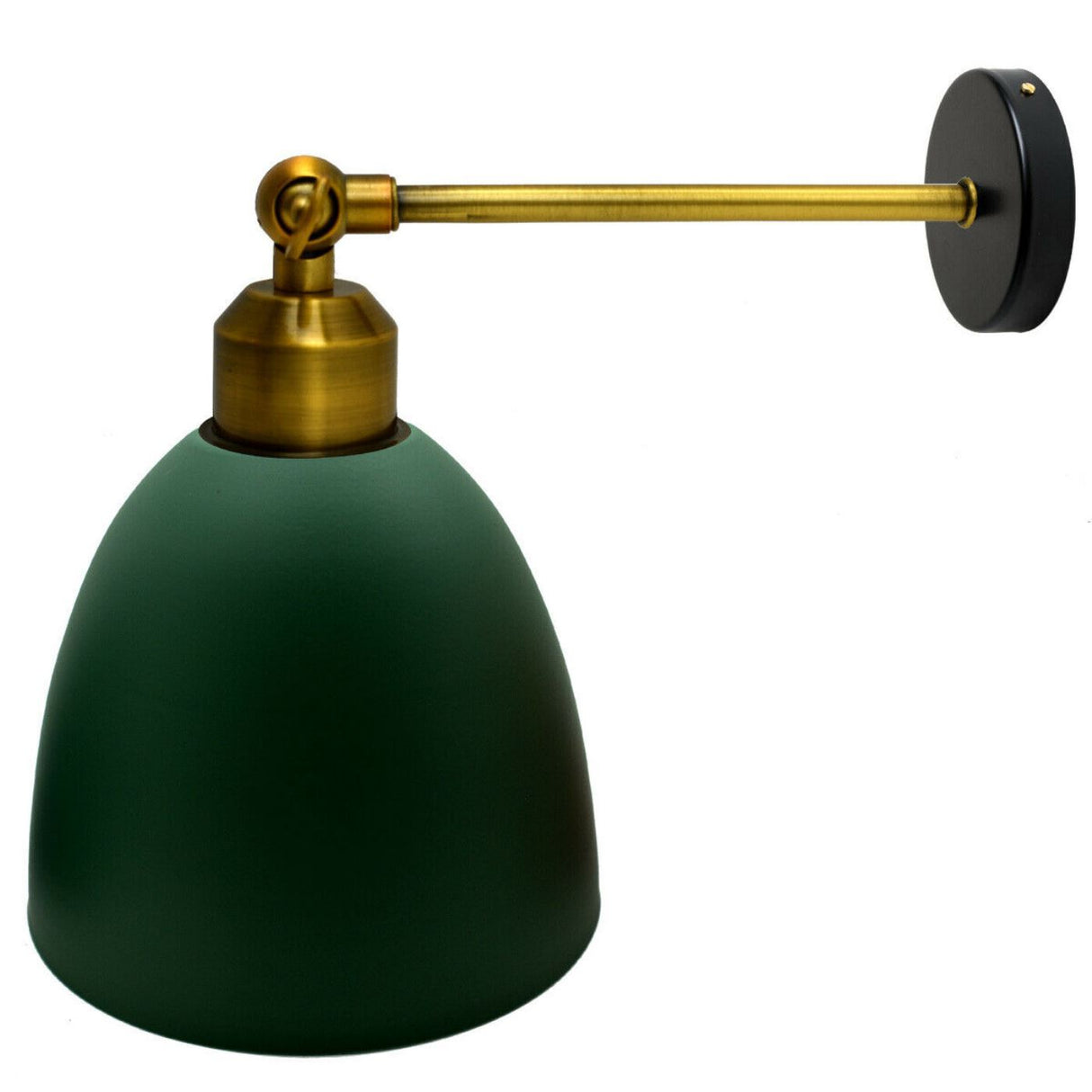 Wall-mounted lamp with green shade and gold arm on a white background