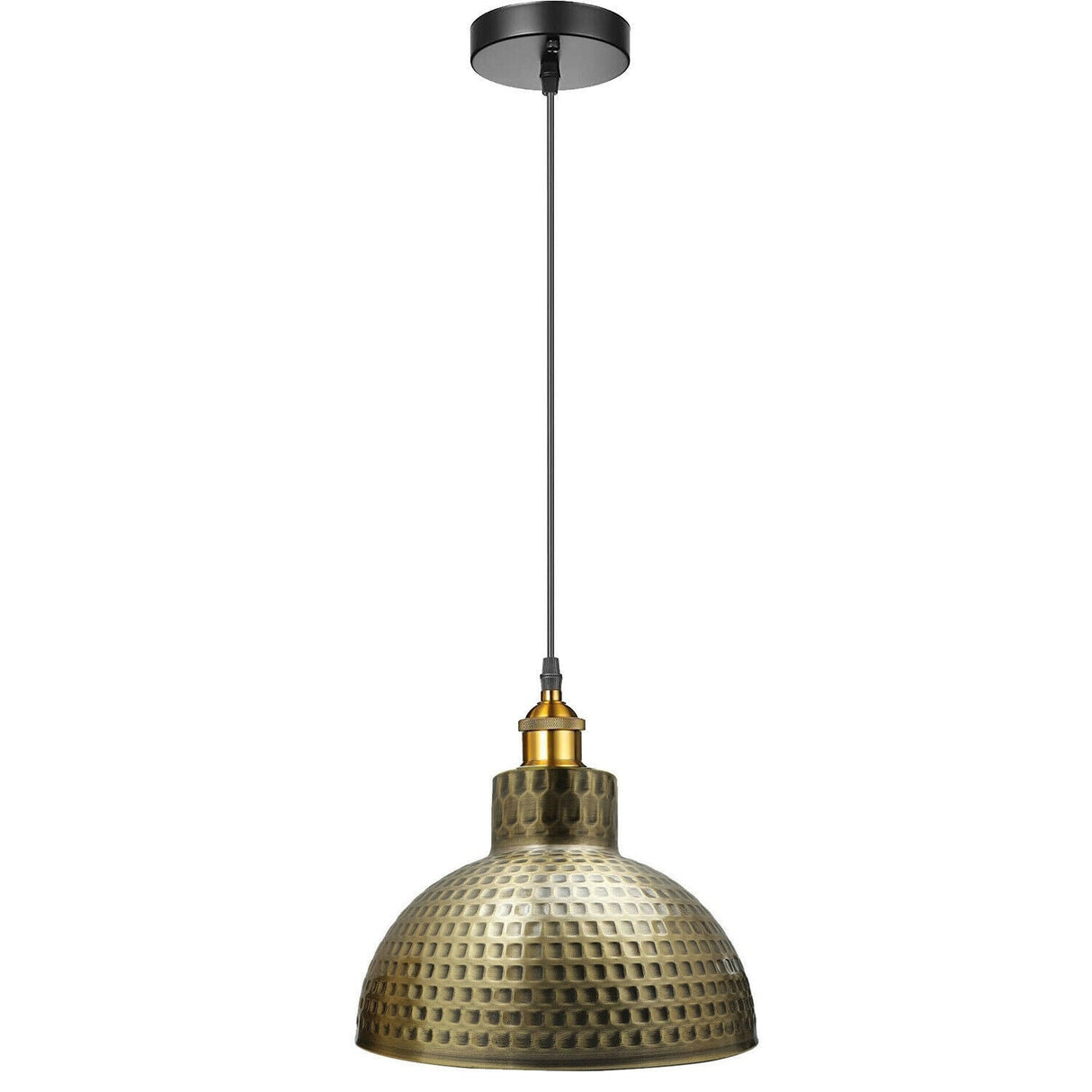 Bronze pendant light with textured design on a white background