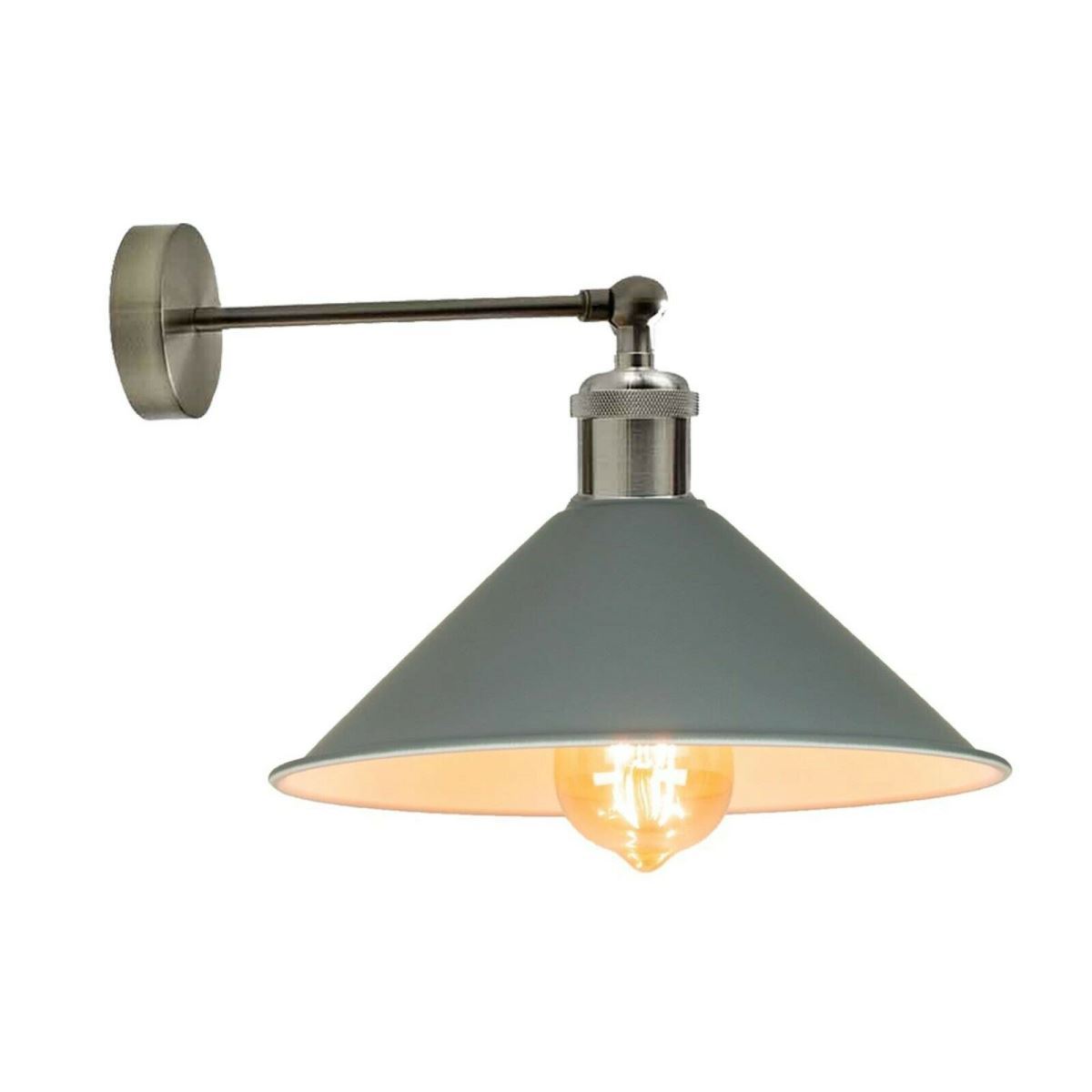 Wall-mounted lamp with a gray shade and visible light bulb on a white background