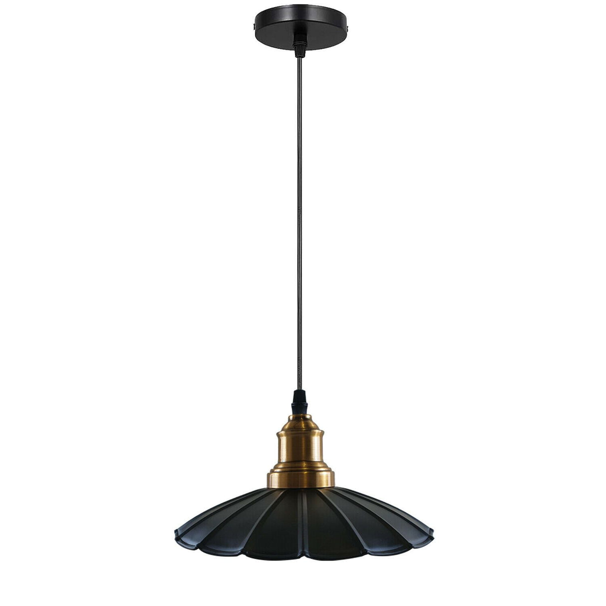 Black pendant light with gold accents on a white background