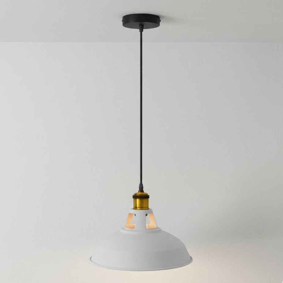 Pendant light with grey shade and gold fitting on a plain background