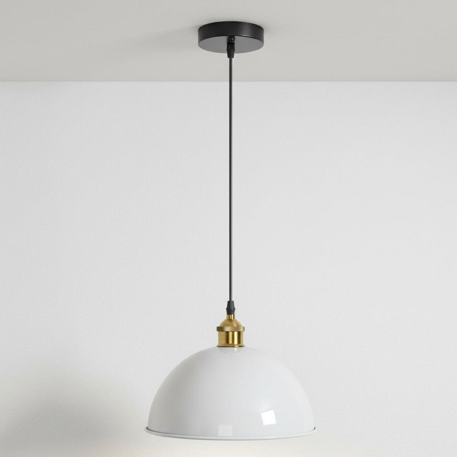 White pendant light with gold accent on a white background
