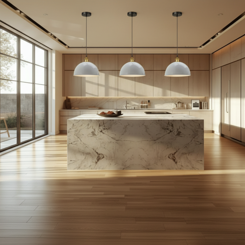 Modern kitchen with marble island and pendant lights