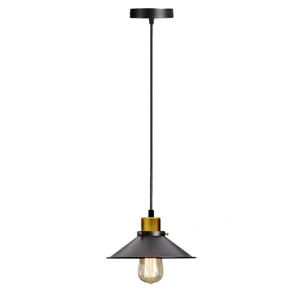 Pendant light with black shade and gold accent on a white background