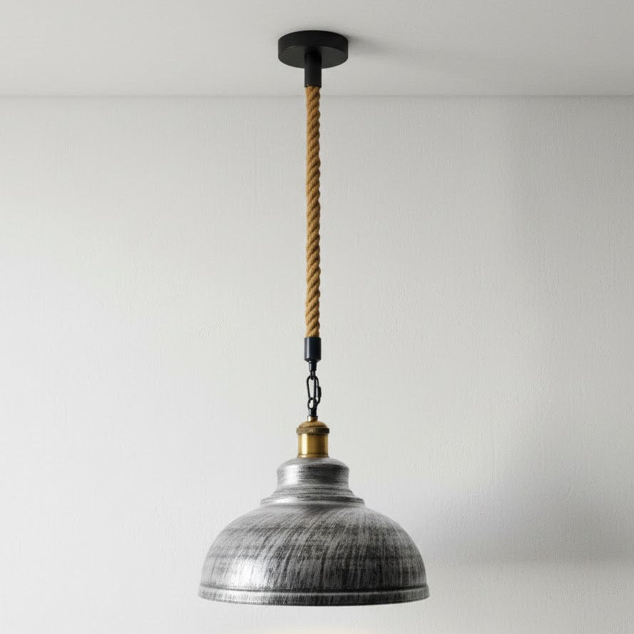 Pendant light with textured shade and braided cable against a plain background