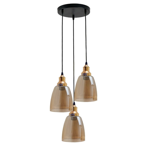 Three-tier pendant light with brown glass shades on a white background