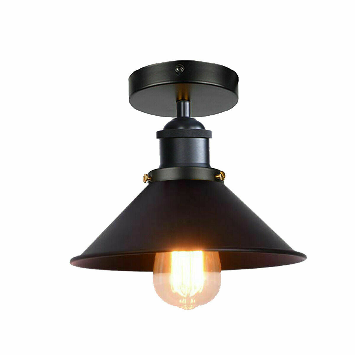 Black ceiling light fixture with a lit bulb on a white background