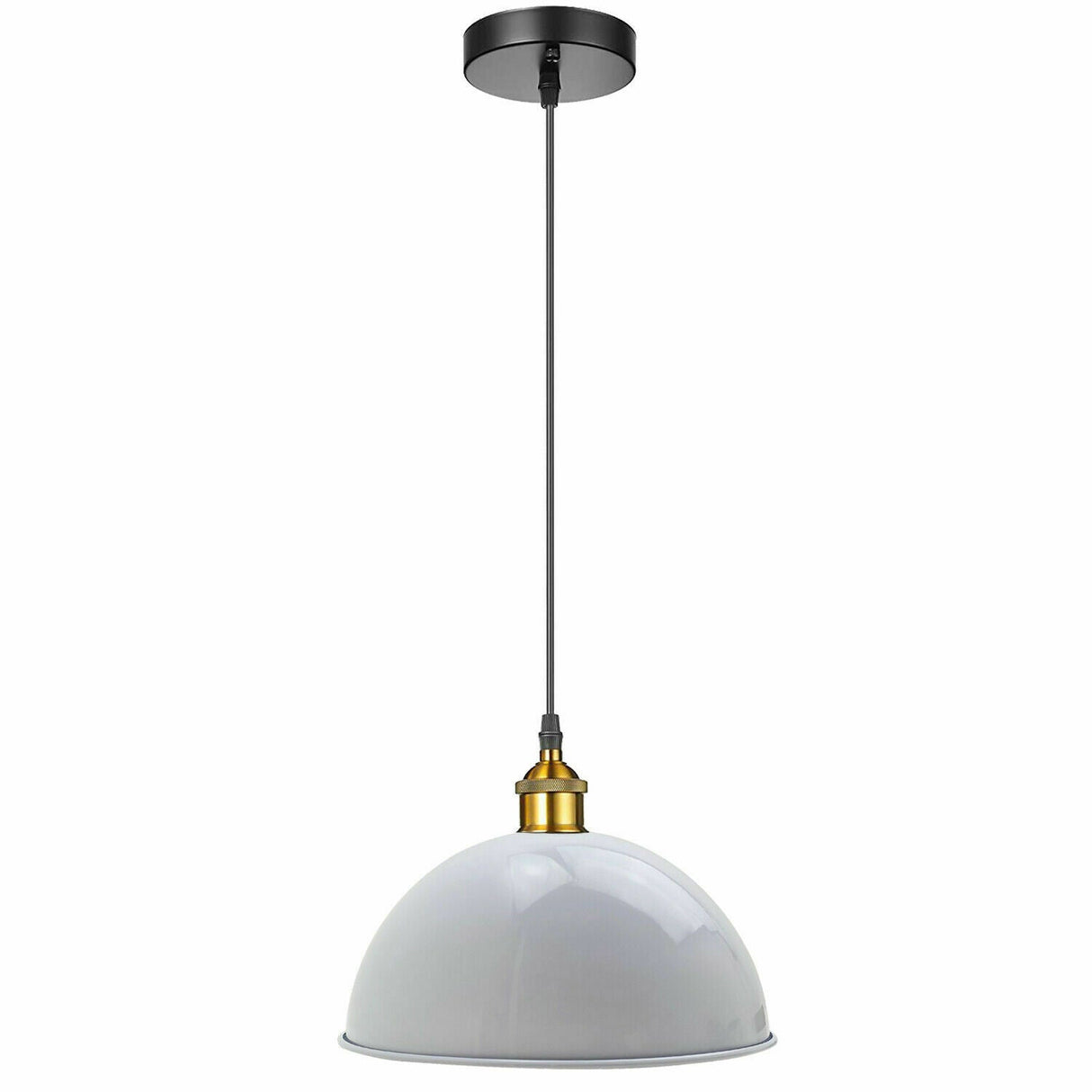 Pendant light with white shade and gold accent on a white background