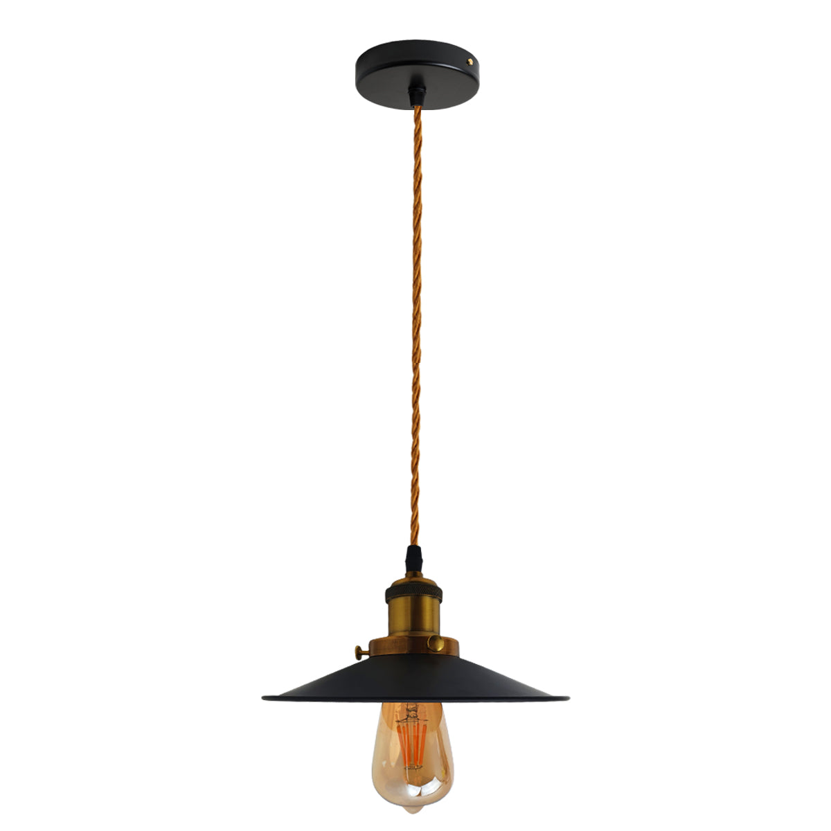 Vintage-style pendant light with black shade and exposed bulb on a white background