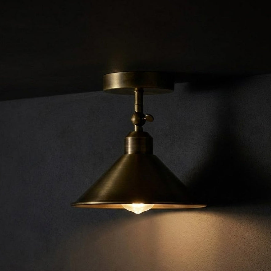 Brass ceiling light fixture on a dark wall
