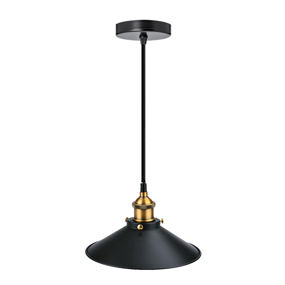 Black pendant light with gold accent on a white background