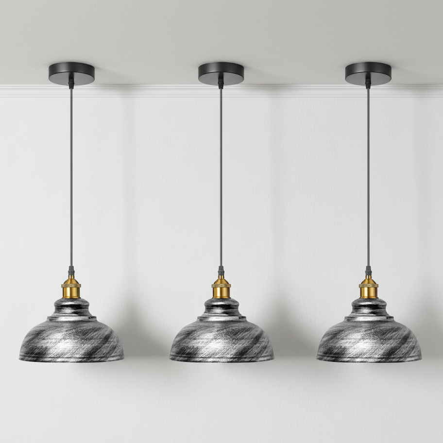 Rya Pendant Ceiling Light Trio in Brushed Silver - Black Canopy and Gold Details