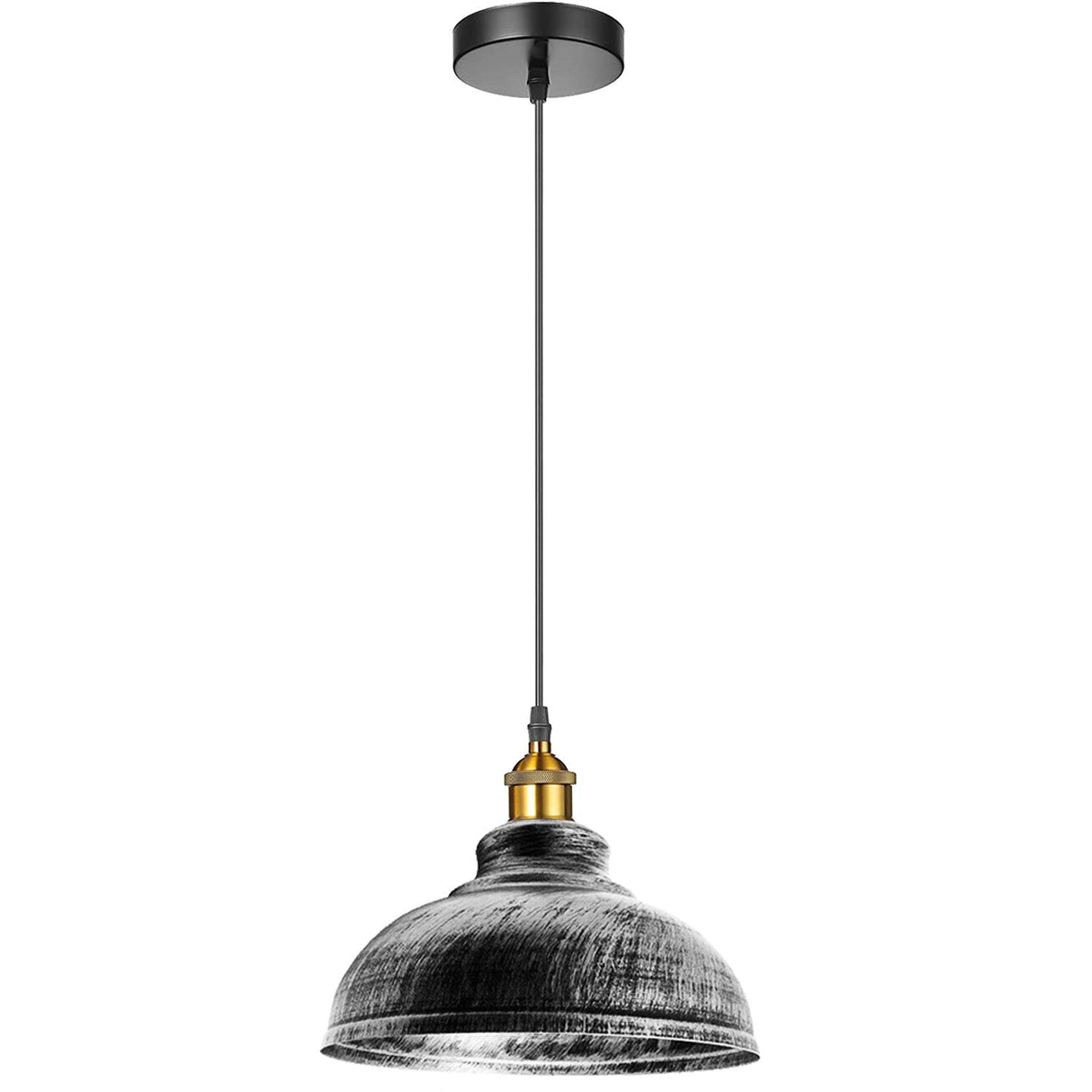 Pendant light with black and gold design on a white background