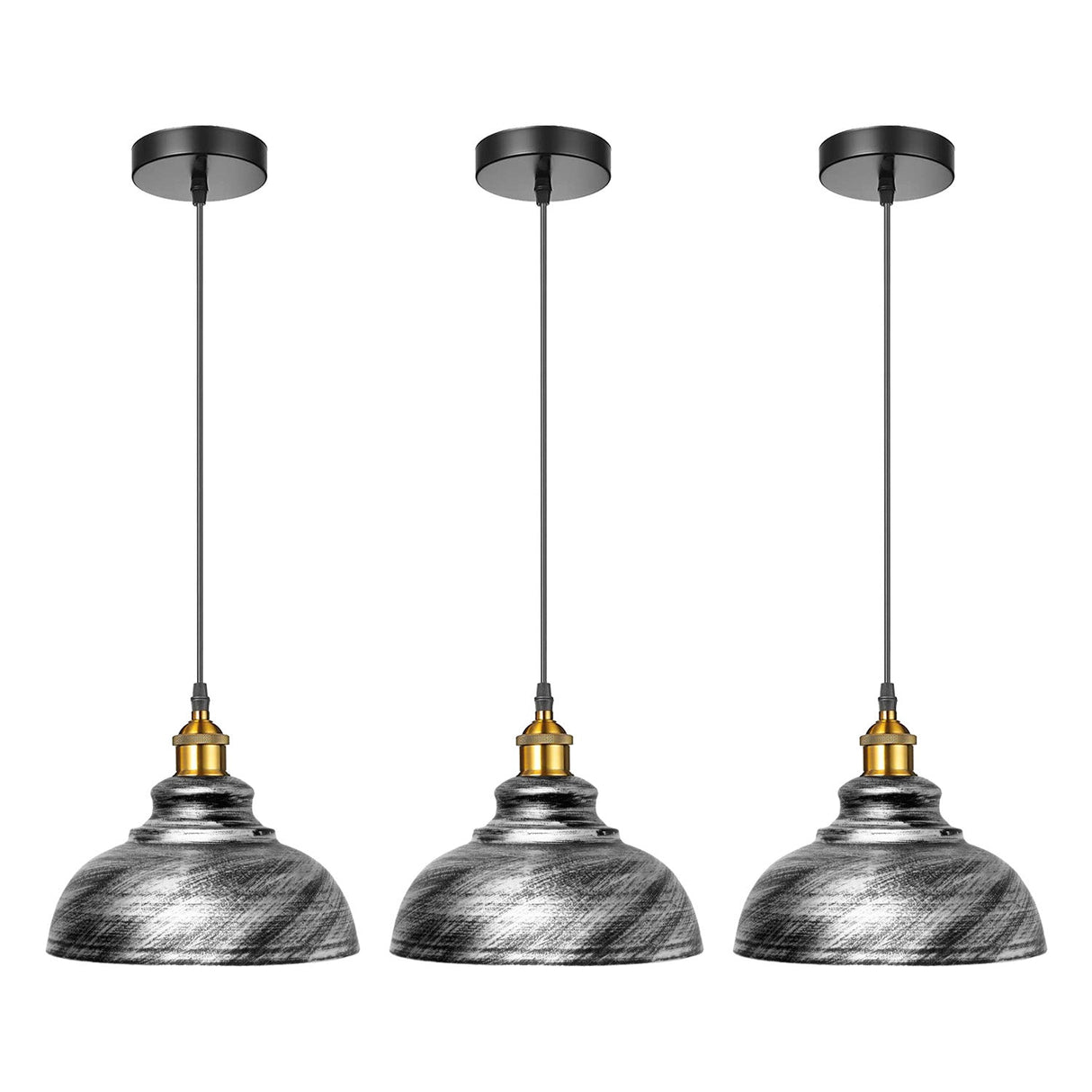 Rya Pendant Ceiling Light Trio in Brushed Silver - Black Canopy and Gold Details