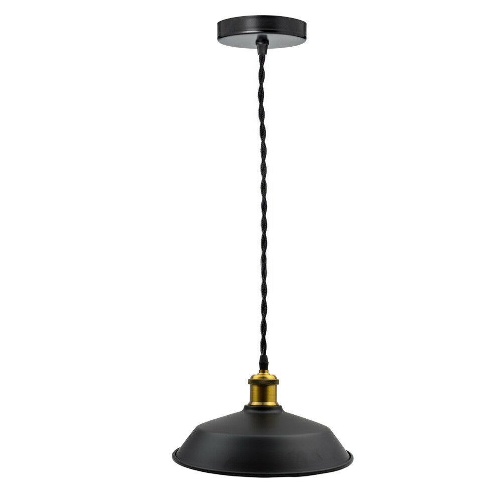 Black pendant light with gold accent on a white background