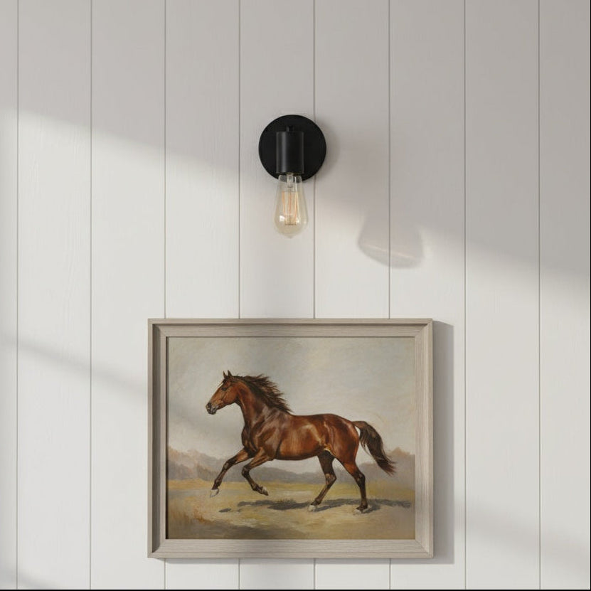 Framed painting of a horse on a white paneled wall with a wall light fixture.
