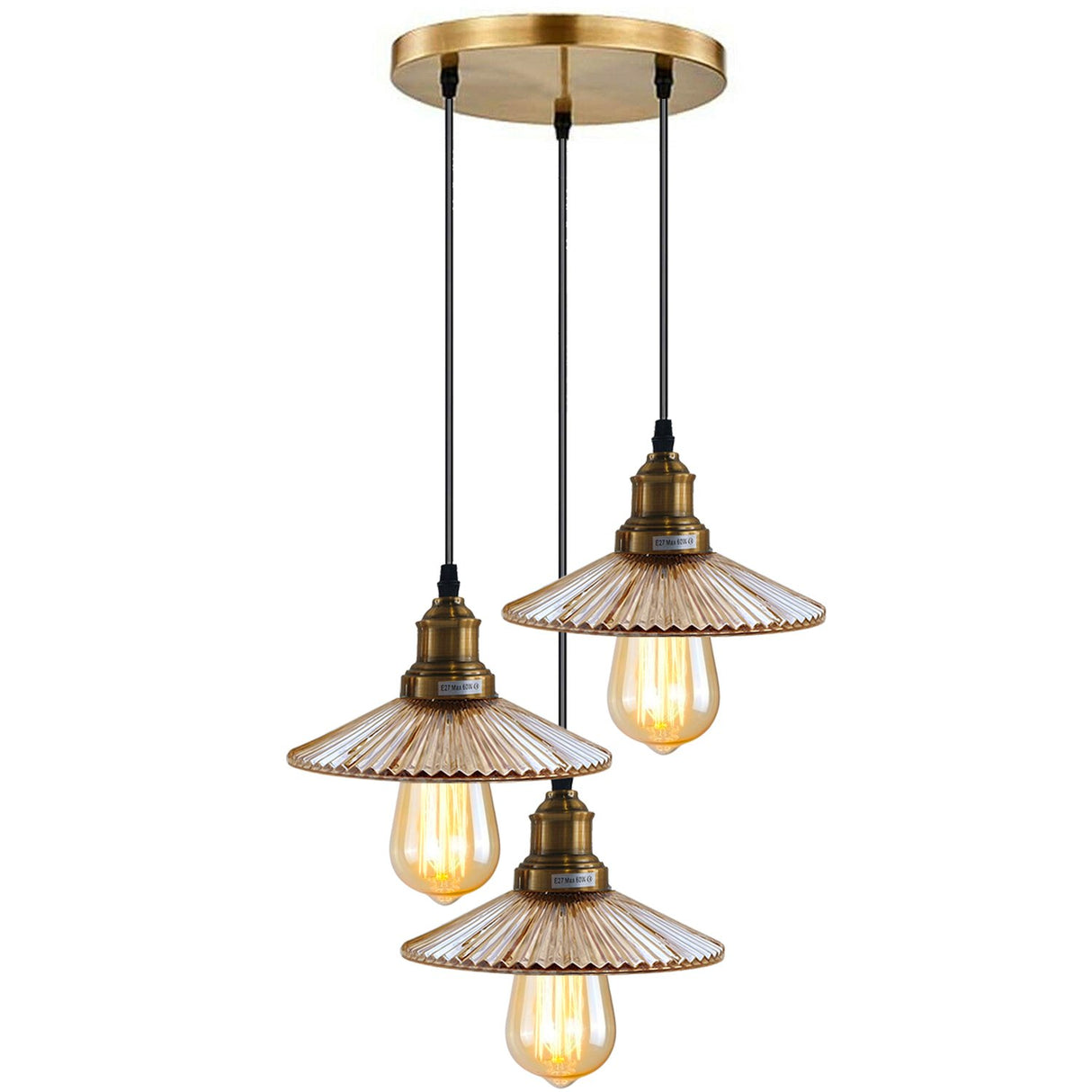 Vintage-style pendant light with three glass shades on a white background