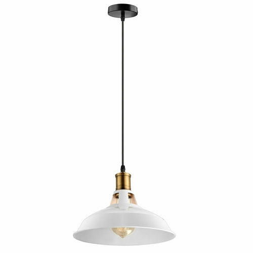 Pendant light with white shade and gold accents on a white background