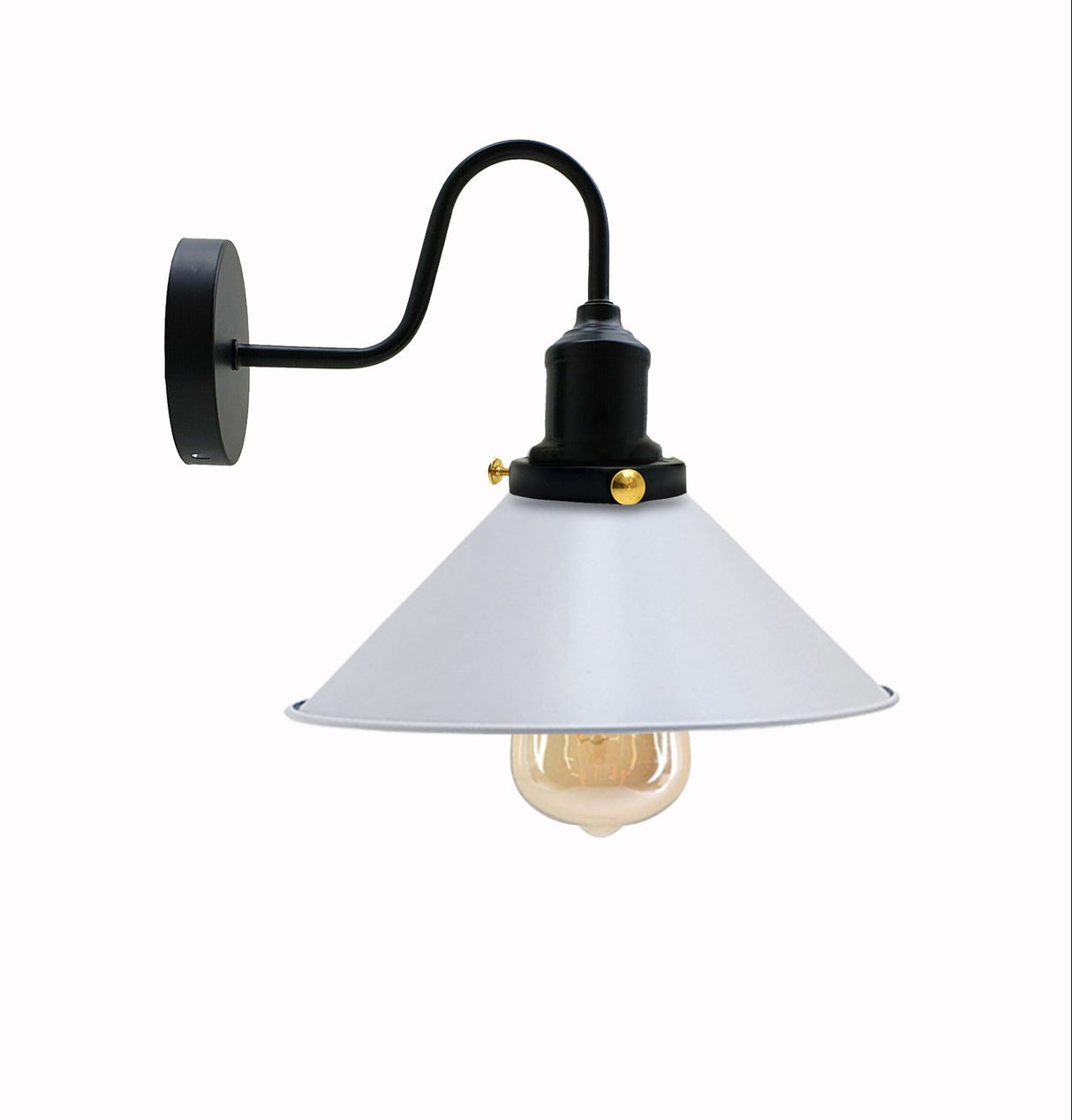 Wall-mounted lamp with white shade and black arm on a white background