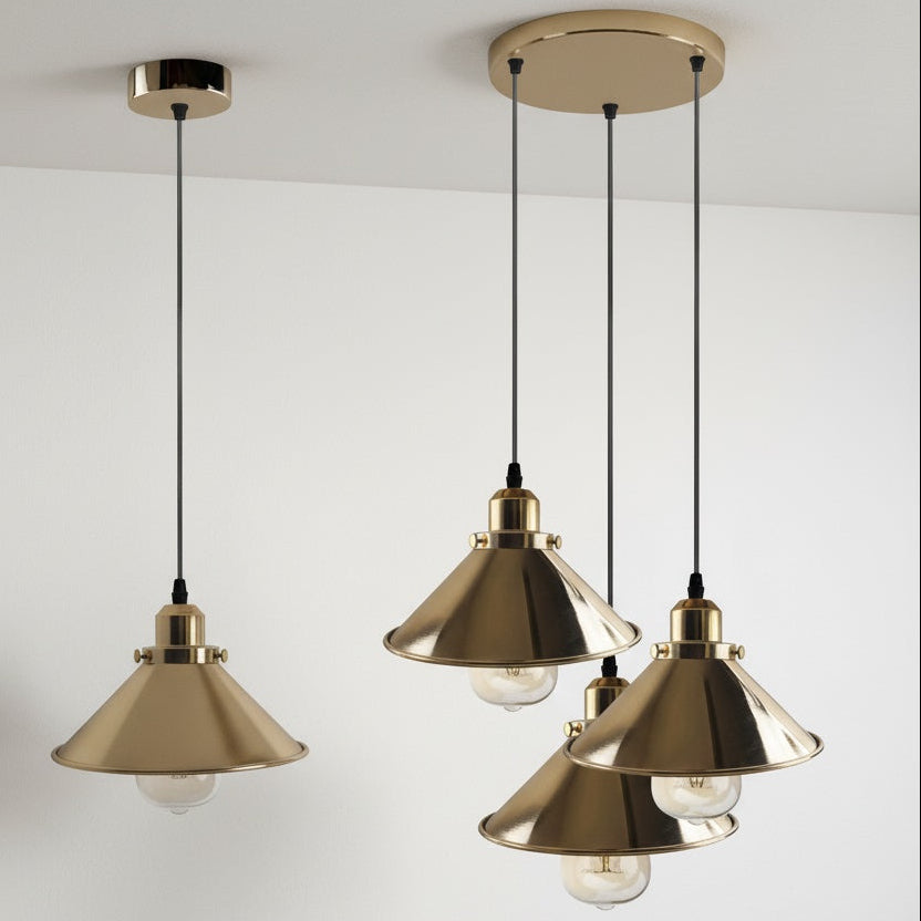 Set of gold pendant lights on a white background