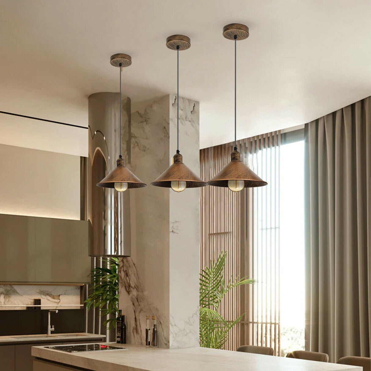 Modern kitchen interior with pendant lights and a window.