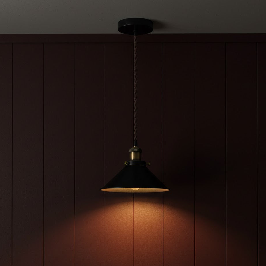 Pendant light fixture casting a warm glow against a dark wooden panel wall.