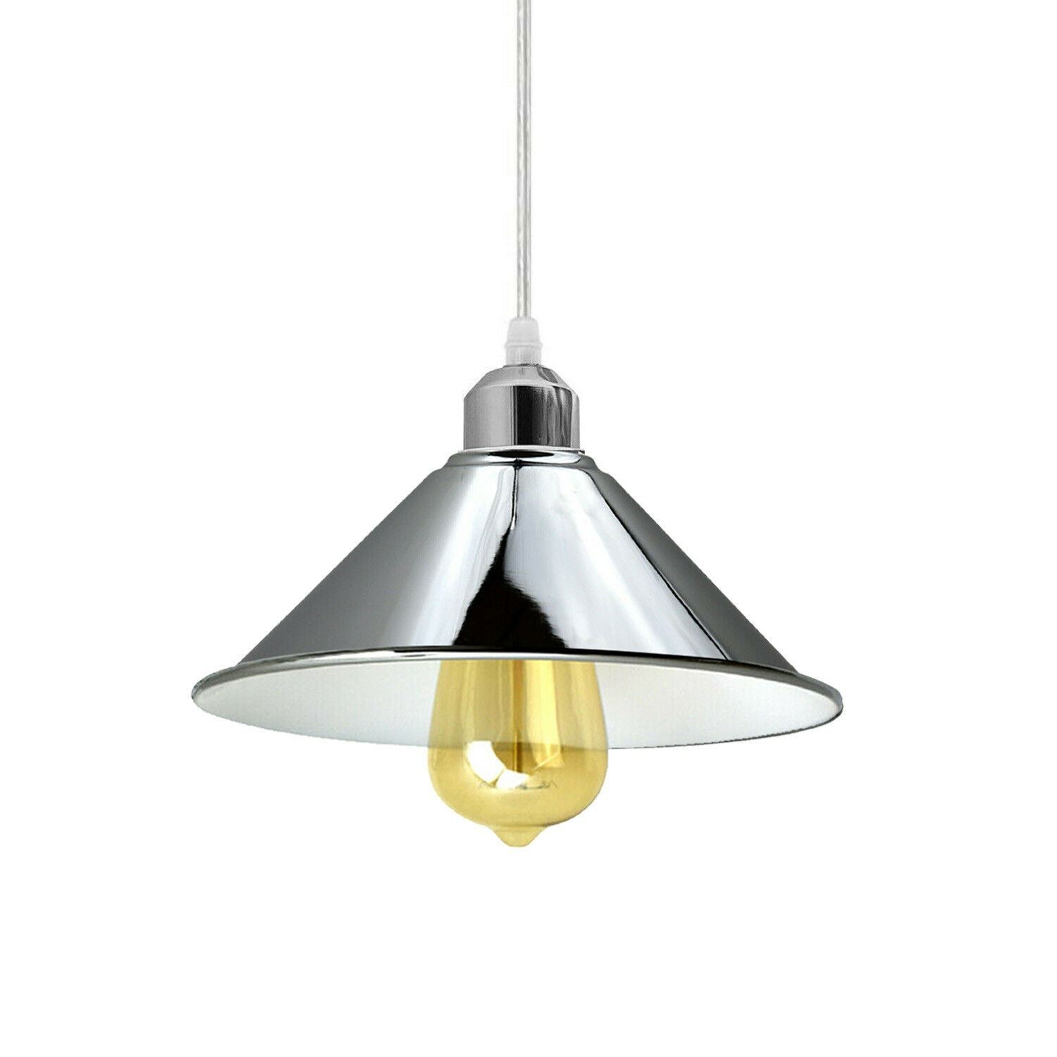 Chrome pendant light with a gold bulb on a white background