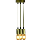 Gold pendant light with three lit bulbs on a white background