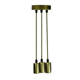Brass pendant light fixture with three cylindrical shades on a white background