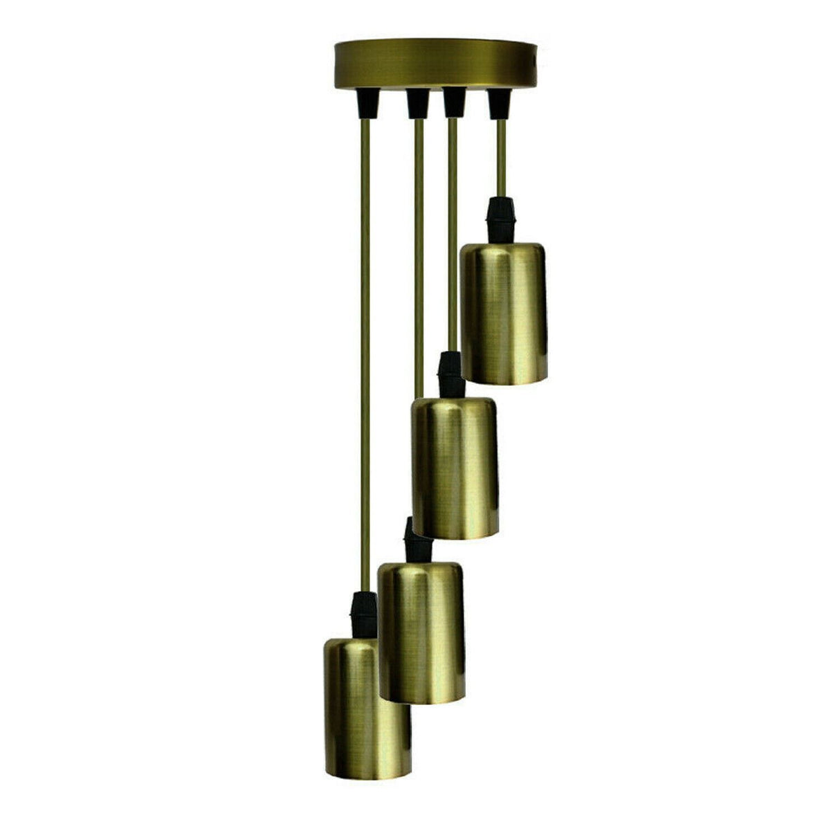 Brass wind chime with cylindrical components on a white background
