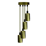 Brass wind chime with cylindrical components on a white background
