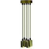Decorative hanging lamp with multiple cylindrical brass shades on a white background