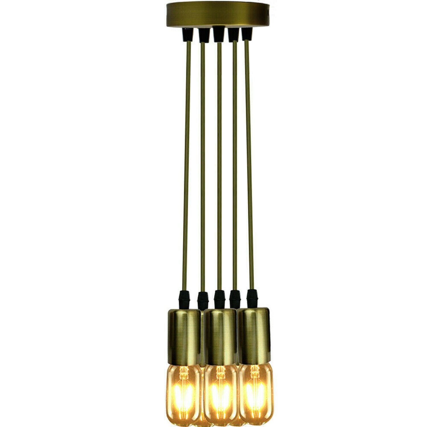 Decorative pendant light with gold finish and clear glass shades on a white background