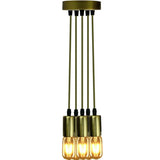 Decorative pendant light with gold finish and clear glass shades on a white background