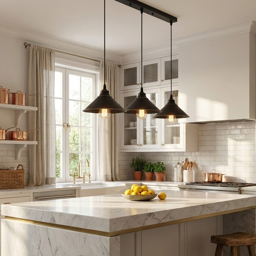 Modern kitchen with marble island, pendant lights, and wooden stool.