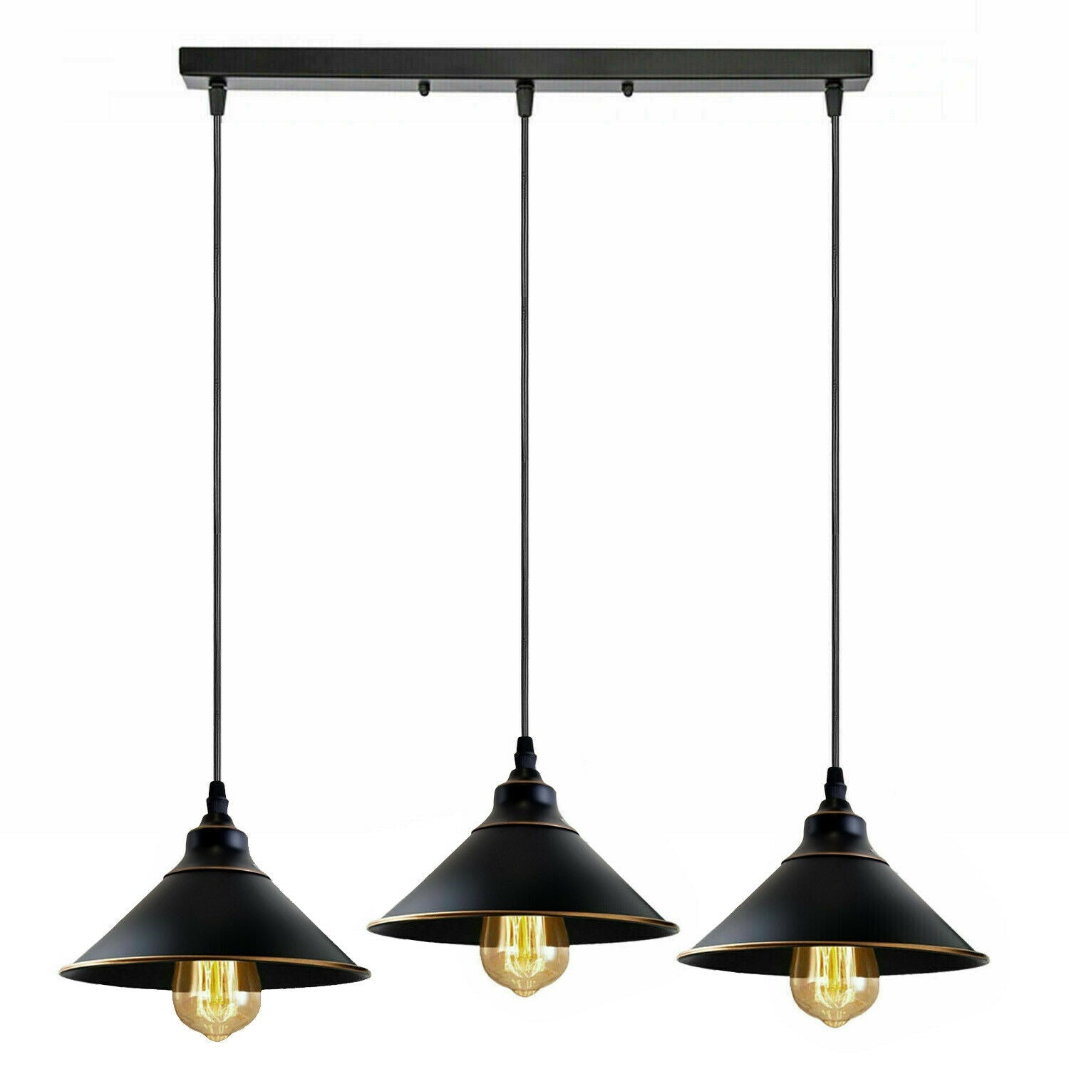 Three black pendant lights with exposed bulbs on a white background