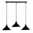Black pendant light fixture with three hanging lampshades on a white background