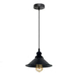 Black pendant light with a lit bulb on a white background