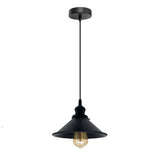 Black pendant light with a lit bulb on a white background