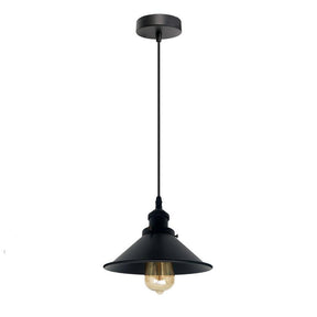 Black pendant light with a lit bulb on a white background