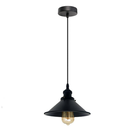 Black pendant light with a lit bulb on a white background