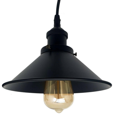 Black pendant light with a visible bulb on a white background