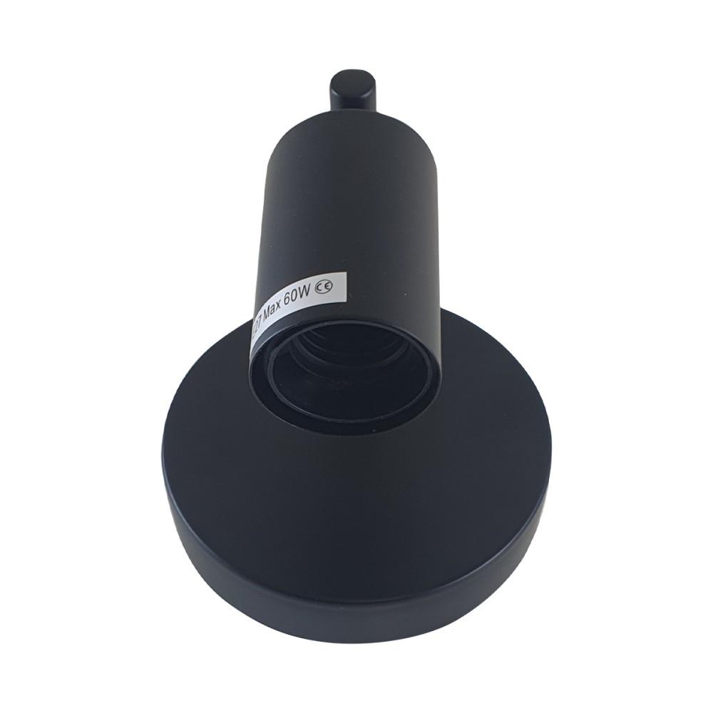 Black lamp holder with a label on a white background