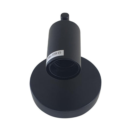 Black lamp holder with a label on a white background