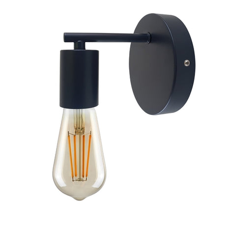 Black wall-mounted light fixture with a visible bulb on a white background