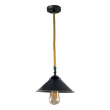 Black pendant light with a hemp rope cord on a white background