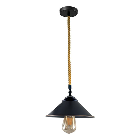 Black pendant light with a hemp rope cord on a white background